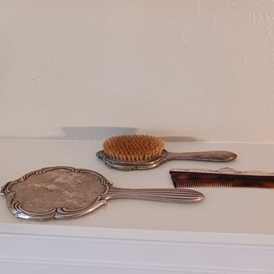 STERLING SILVER BRUSH, COMB AND MIRROR VANITY SET