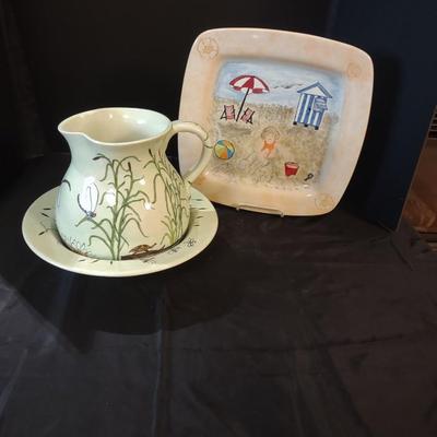 PITCHER W/ BOWL & HAND PAINTED PLATE