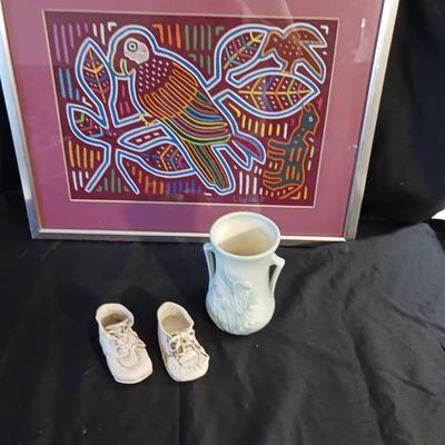 FRAMED YARN PICTURE, USA VASE AND BABY SHOES
