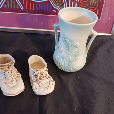 FRAMED YARN PICTURE, USA VASE AND BABY SHOES