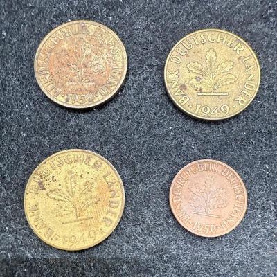 Sale Photo Thumbnail #479: Includes 4 post WWII coins: three 10 Pfennig (2 from 1949, 1 from 1950) and one 1 Pfennig (1950). All in good condition.