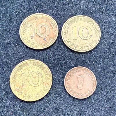 Sale Photo Thumbnail #478: Includes 4 post WWII coins: three 10 Pfennig (2 from 1949, 1 from 1950) and one 1 Pfennig (1950). All in good condition.