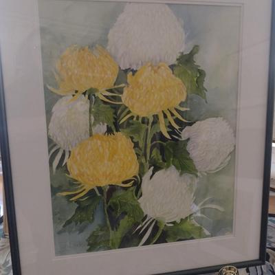 Sale Photo Thumbnail #1243: 'Mums' Original Framed Watercolor by Nationally Recognized Artist Susan Anderson.  Item is framed under plexiglass.