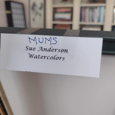 Sale Photo Thumbnail #1249: 'Mums' Original Framed Watercolor by Nationally Recognized Artist Susan Anderson.  Item is framed under plexiglass.