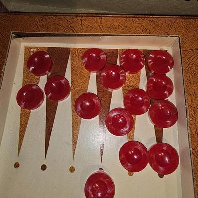 Sale Photo Thumbnail #298: 1970s Backgammon Bakelite Board Game | Chips appear to be bakelite both cream and red chips.