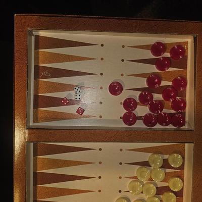 Sale Photo Thumbnail #297: 1970s Backgammon Bakelite Board Game | Chips appear to be bakelite both cream and red chips.