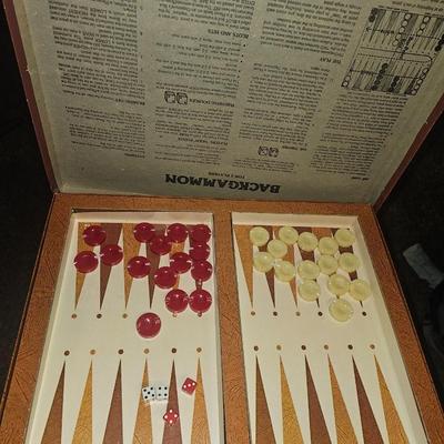 Sale Photo Thumbnail #300: 1970s Backgammon Bakelite Board Game | Chips appear to be bakelite both cream and red chips.