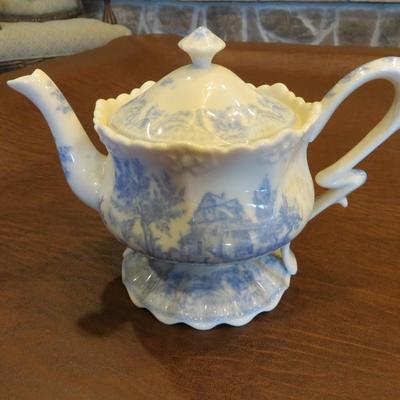 Sale Photo Thumbnail #38: Burton & Burton blue toile teapot measuring 6.5" H x 7" W. Produced 2009 to 2013