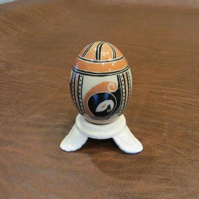 Sale Photo Thumbnail #41: Trypillian style pysanky, or Ukranian painted egg. c. 1960-1970. Handcrafted using beeswax applied to chicken eggshells, using patterns inspired by ancient designs from the Cucuteni-Trypillia region of pre-Christitan Ukraine.