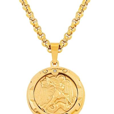 Ion-Plated Stainless Steel Diamond Accent St. Michael Medal Pendant Necklace.