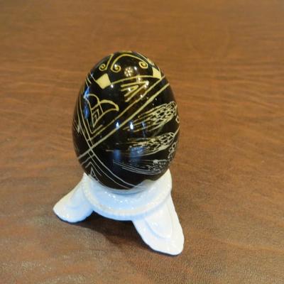 Sale Photo Thumbnail #44: Trypillian style pysanky, or Ukranian painted egg. c. 1960-1970. Handcrafted using beeswax applied to chicken eggshells, using patterns inspired by ancient designs from the Cucuteni-Trypillia region of pre-Christitan Ukraine.