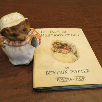 Sale Photo Thumbnail #48: Vintage 1980s Beatrix Potter "Mrs. Tiggy Winkle" book and small Royal Doulton Mrs. Tiggy Winkle figurine set.
