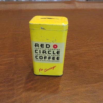 Sale Photo Thumbnail #83: Red circle coffee tin bank, c. 1950, measures 4" H
