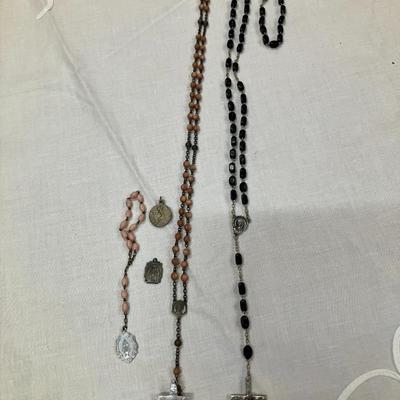 Sale Photo Thumbnail #91: Vintage rosaries measuring 20"L and 18"L and Monther Mary and St. Christopher medallions