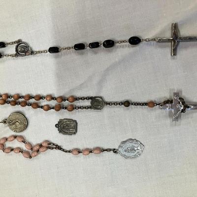 Sale Photo Thumbnail #92: Vintage rosaries measuring 20"L and 18"L and Monther Mary and St. Christopher medallions