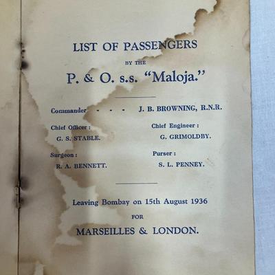Sale Photo Thumbnail #102: Peninsular and Oriental Steam Navigation Company passenger information booklet, from the s.s. Maloja ship, dated Aug 15, 1936
