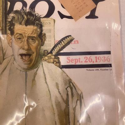 Sale Photo Thumbnail #106: Norman Rockwell cover from The Saturday Evening Post publication, dated Sept 26,  1936 featuring the painting "Barbershop Quartet". The back of the page reveals a ketchup add with the same date (for verification).