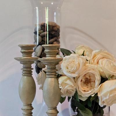 LOT 102Z: Glass Jar with Smooth Stones, Silk Roses in Glass Bowl, and Two Candlesticks