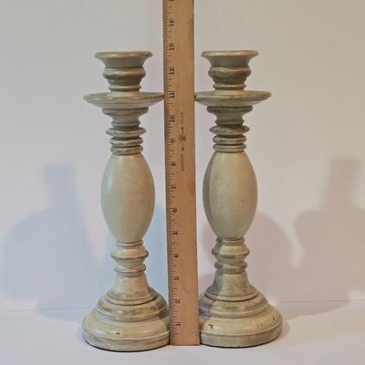 LOT 102Z: Glass Jar with Smooth Stones, Silk Roses in Glass Bowl, and Two Candlesticks