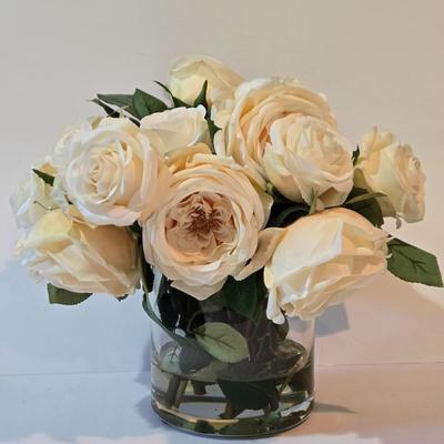 LOT 102Z: Glass Jar with Smooth Stones, Silk Roses in Glass Bowl, and Two Candlesticks