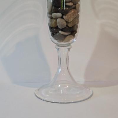 LOT 102Z: Glass Jar with Smooth Stones, Silk Roses in Glass Bowl, and Two Candlesticks