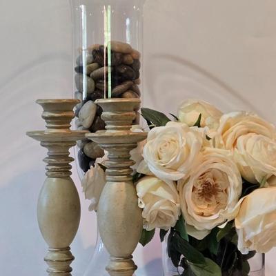 LOT 102Z: Glass Jar with Smooth Stones, Silk Roses in Glass Bowl, and Two Candlesticks