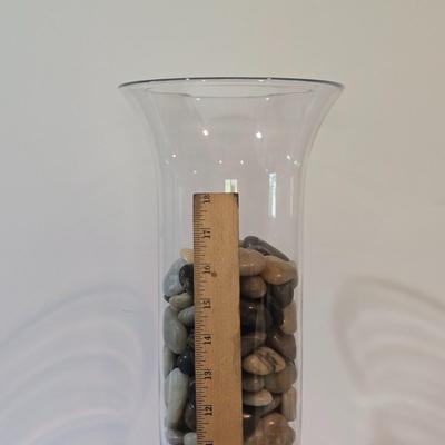 LOT 102Z: Glass Jar with Smooth Stones, Silk Roses in Glass Bowl, and Two Candlesticks