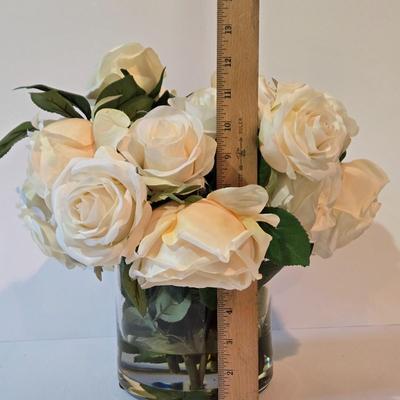 LOT 102Z: Glass Jar with Smooth Stones, Silk Roses in Glass Bowl, and Two Candlesticks