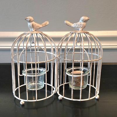 LOT 104Y: Two Wall Panel Decor, Two Bird Cage Tea-lite Holders, Decorative Lantern Candle Holder and Teal Colored Vase