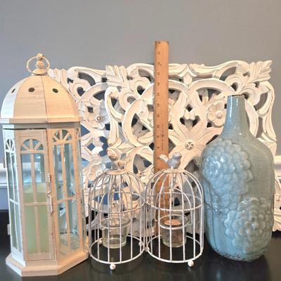 LOT 104Y: Two Wall Panel Decor, Two Bird Cage Tea-lite Holders, Decorative Lantern Candle Holder and Teal Colored Vase