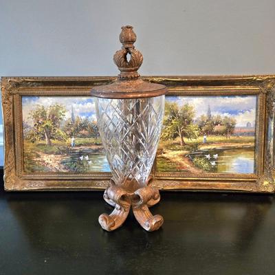 LOT 106Z: Two Oil Painting Lanscapes and Glass Pedestal Jar with Lid