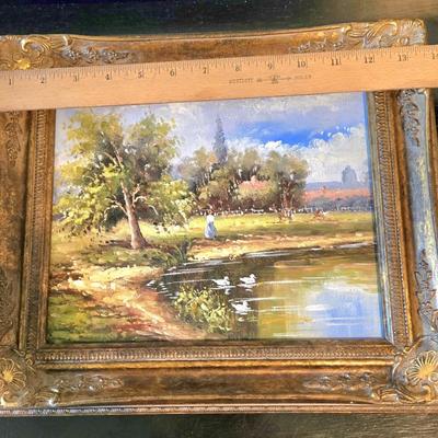 LOT 106Z: Two Oil Painting Lanscapes and Glass Pedestal Jar with Lid