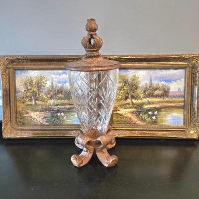 LOT 106Z: Two Oil Painting Lanscapes and Glass Pedestal Jar with Lid