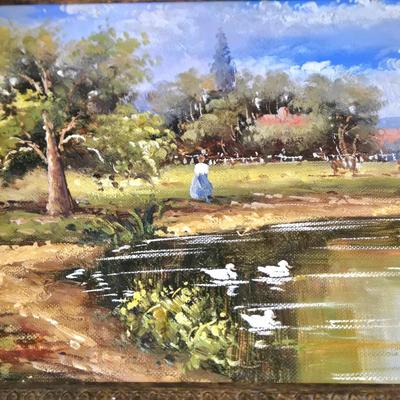 LOT 106Z: Two Oil Painting Lanscapes and Glass Pedestal Jar with Lid