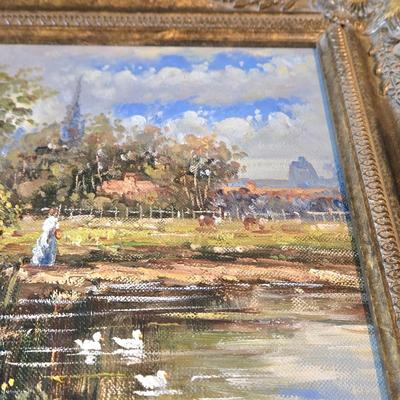 LOT 106Z: Two Oil Painting Lanscapes and Glass Pedestal Jar with Lid