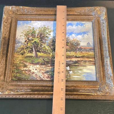 LOT 106Z: Two Oil Painting Lanscapes and Glass Pedestal Jar with Lid
