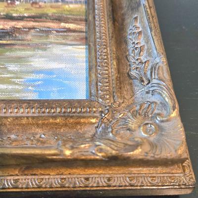 LOT 106Z: Two Oil Painting Lanscapes and Glass Pedestal Jar with Lid