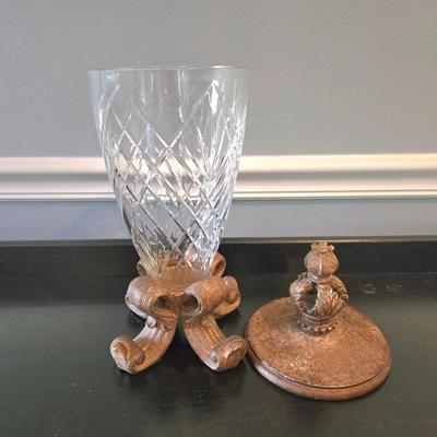 LOT 106Z: Two Oil Painting Lanscapes and Glass Pedestal Jar with Lid