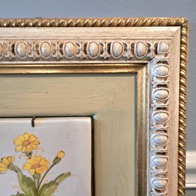 LOT 107H: Framed Painted Tile Art and Metal Sconces
