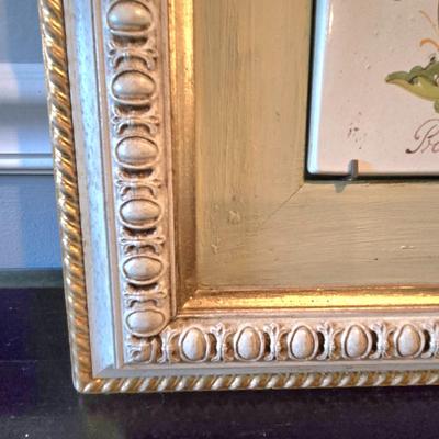 LOT 107H: Framed Painted Tile Art and Metal Sconces