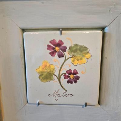 LOT 107H: Framed Painted Tile Art and Metal Sconces