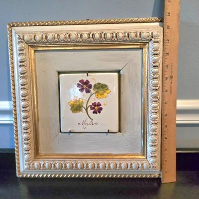 LOT 107H: Framed Painted Tile Art and Metal Sconces