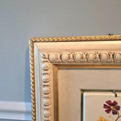 LOT 107H: Framed Painted Tile Art and Metal Sconces