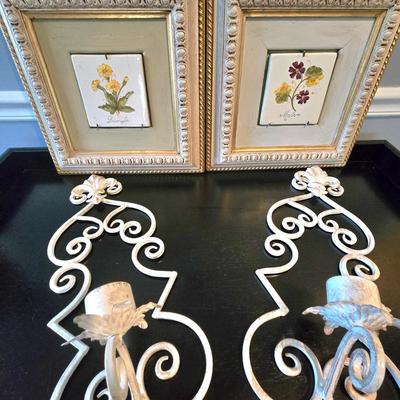 LOT 107H: Framed Painted Tile Art and Metal Sconces