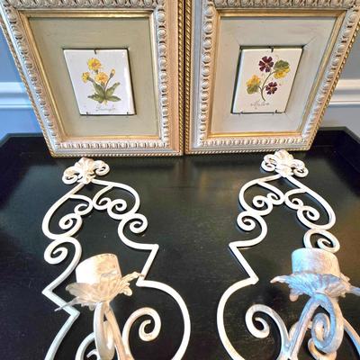 LOT 107H: Framed Painted Tile Art and Metal Sconces