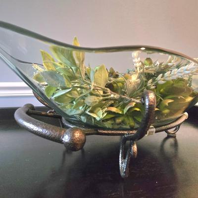 LOT 108H: Large Glass Bowl on Metal Stand with Greenery