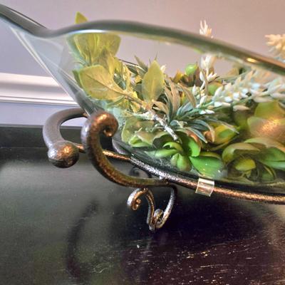 LOT 108H: Large Glass Bowl on Metal Stand with Greenery