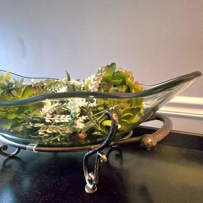 LOT 108H: Large Glass Bowl on Metal Stand with Greenery