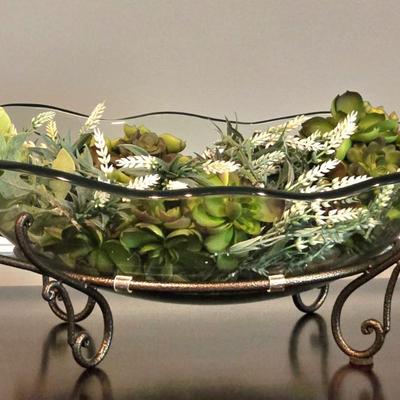 LOT 108H: Large Glass Bowl on Metal Stand with Greenery