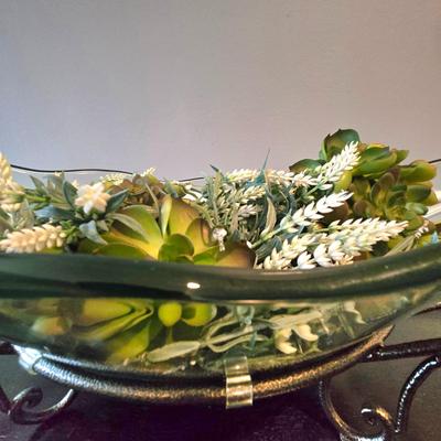 LOT 108H: Large Glass Bowl on Metal Stand with Greenery